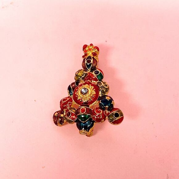 Vintage Christopher Radko  Christmas Tree Enamel Rhinestone Pin Brooch Signed - Picture 4 of 6